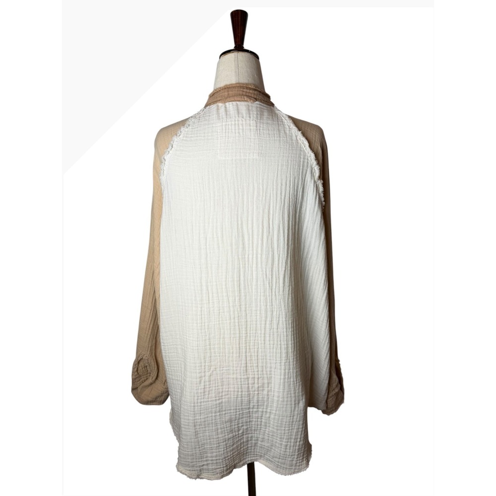 Aerie Gauzy Coverup Shirt Women XS Tan Ivory Colorblock Cotton Oversized - Picture 3 of 11